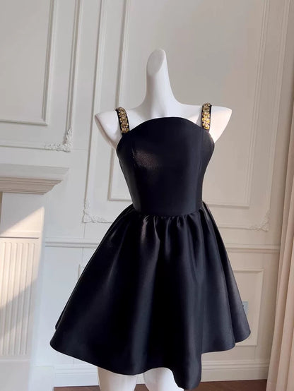 Vestido de fiesta moderno con tirantes, satén negro, sin mangas, formal, corto, para octavo grado, de verano, para escuela secundaria, de cóctel, para cumpleaños, W938
