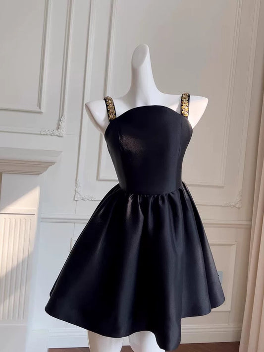 Vestido de fiesta moderno con tirantes, satén negro, sin mangas, formal, corto, para octavo grado, de verano, para escuela secundaria, de cóctel, para cumpleaños, W938