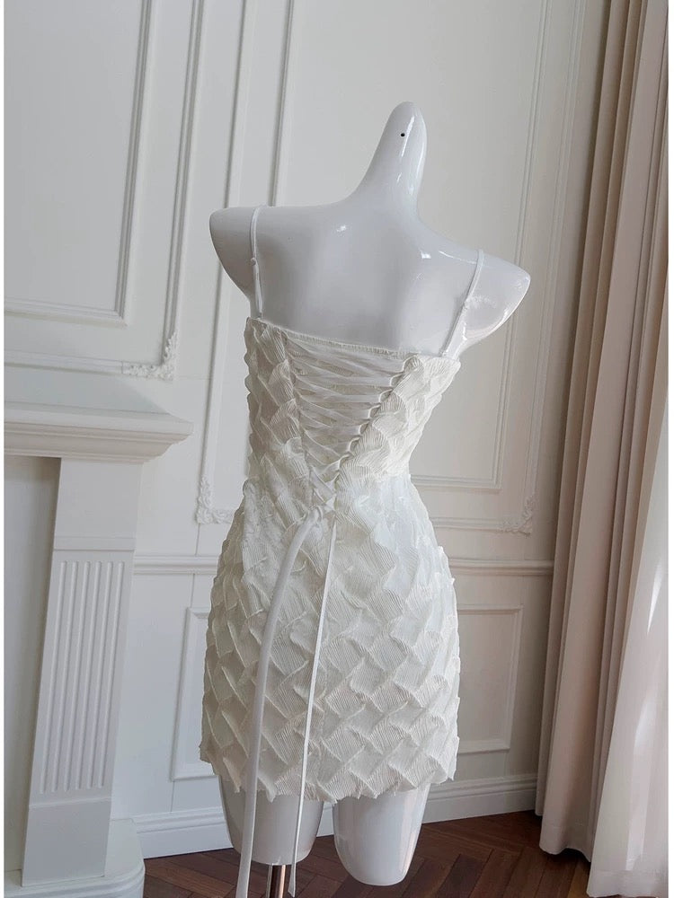 Vestido blanco corto y elegante con tirantes finos para fiesta de 8.º grado, de verano, para escuela secundaria, de cumpleaños, W938