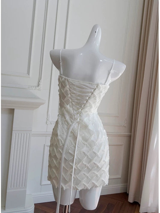 Vestido blanco corto y elegante con tirantes finos para fiesta de 8.º grado, de verano, para escuela secundaria, de cumpleaños, W938