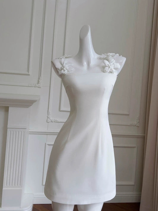 Vestido corto de fiesta de verano para octavo grado, con tirantes finos y estampado floral blanco, ideal para fiestas de graduación, W939