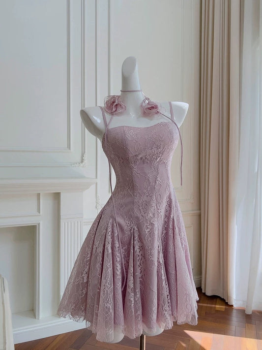 Vestido de fiesta de verano para octavo grado, corte A, tirantes finos, encaje lila, sin mangas, formal, corto, para escuela secundaria, cóctel, cumpleaños, W947