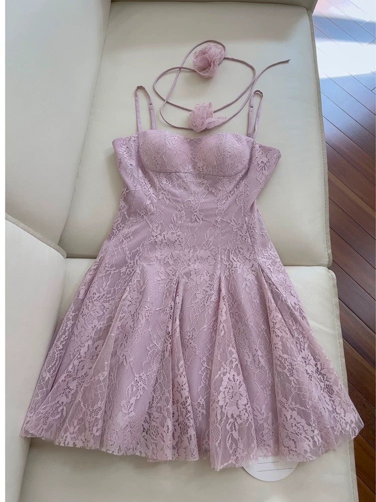 Vestido de fiesta de verano para octavo grado, corte A, tirantes finos, encaje lila, sin mangas, formal, corto, para escuela secundaria, cóctel, cumpleaños, W947