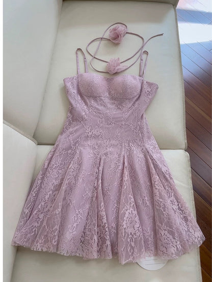 Vestido de fiesta de verano para octavo grado, corte A, tirantes finos, encaje lila, sin mangas, formal, corto, para escuela secundaria, cóctel, cumpleaños, W947