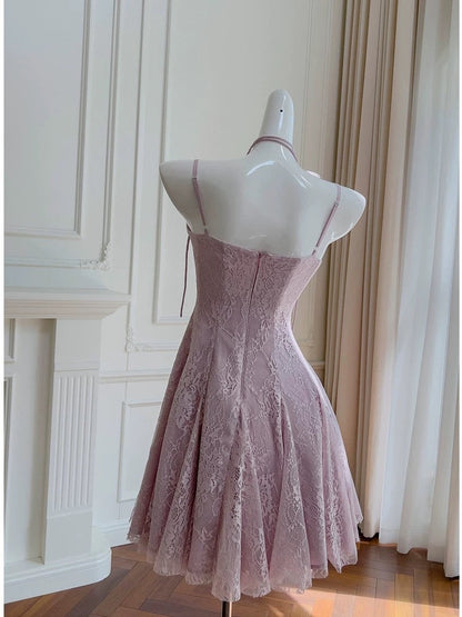Vestido de fiesta de verano para octavo grado, corte A, tirantes finos, encaje lila, sin mangas, formal, corto, para escuela secundaria, cóctel, cumpleaños, W947