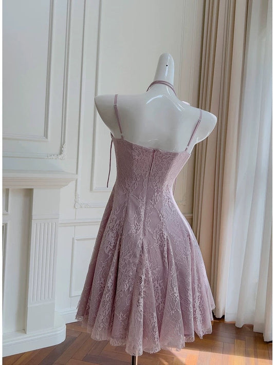 Vestido de fiesta de verano para octavo grado, corte A, tirantes finos, encaje lila, sin mangas, formal, corto, para escuela secundaria, cóctel, cumpleaños, W947