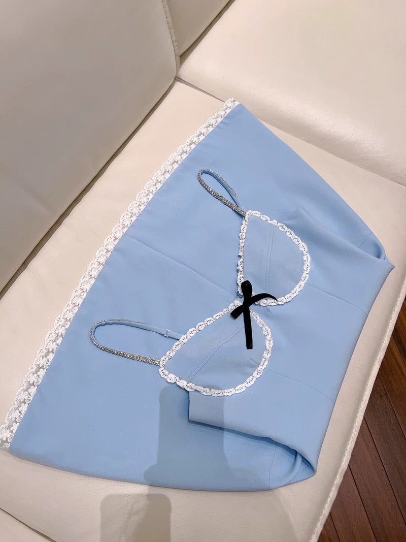 Vestido azul de fiesta corto con tirantes finos, corte A, moderno, para octavo grado, para verano, para escuela secundaria, cóctel, cumpleaños, W956