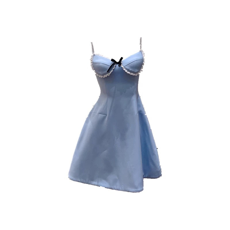 Vestido azul de fiesta corto con tirantes finos, corte A, moderno, para octavo grado, para verano, para escuela secundaria, cóctel, cumpleaños, W956