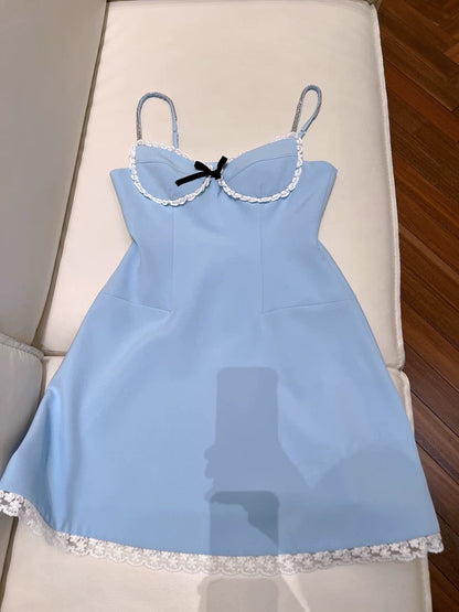 Vestido azul de fiesta corto con tirantes finos, corte A, moderno, para octavo grado, para verano, para escuela secundaria, cóctel, cumpleaños, W956