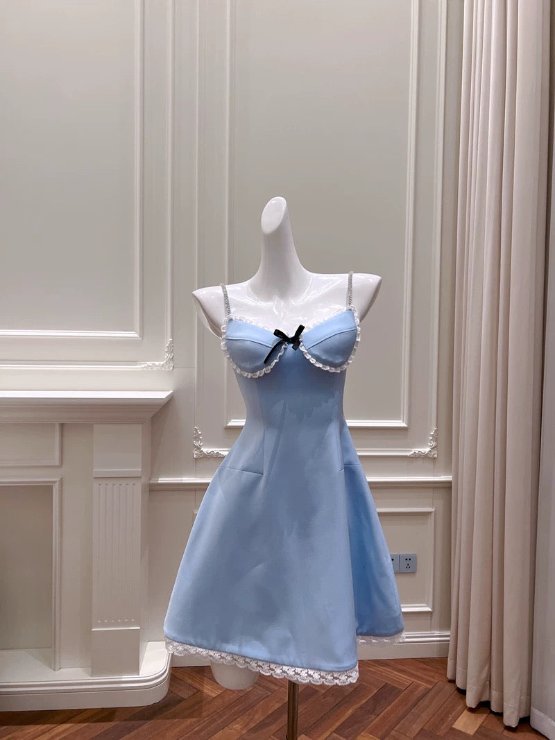 Vestido azul de fiesta corto con tirantes finos, corte A, moderno, para octavo grado, para verano, para escuela secundaria, cóctel, cumpleaños, W956