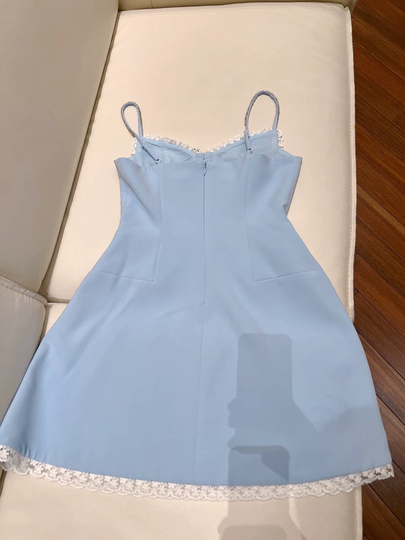 Vestido azul de fiesta corto con tirantes finos, corte A, moderno, para octavo grado, para verano, para escuela secundaria, cóctel, cumpleaños, W956