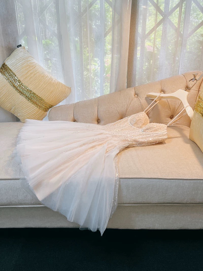 Vestido de fiesta corto de verano para octavo grado, corte A, tirantes finos, color champán, formal, de cóctel, para cumpleaños, W961