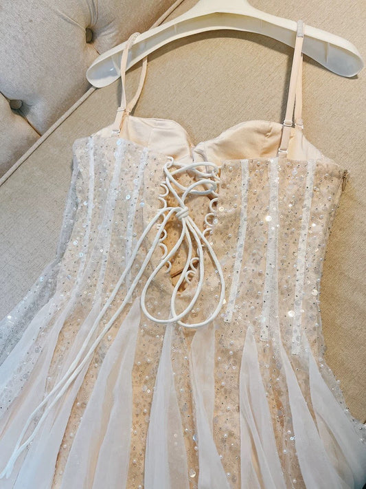 Vestido de fiesta corto de verano para octavo grado, corte A, tirantes finos, color champán, formal, de cóctel, para cumpleaños, W961