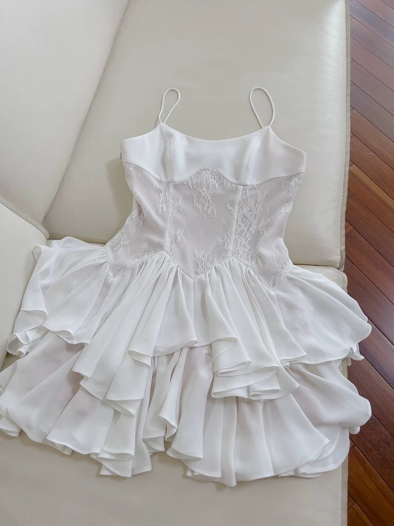 Vestido corto de encaje blanco con tirantes finos y corte en A para fiesta de 8.º grado, ideal para verano, para escuela secundaria, cóctel, cumpleaños, W965