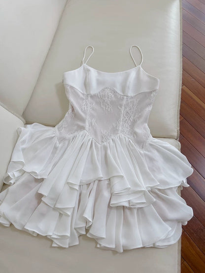 Vestido corto de encaje blanco con tirantes finos y corte en A para fiesta de 8.º grado, ideal para verano, para escuela secundaria, cóctel, cumpleaños, W965