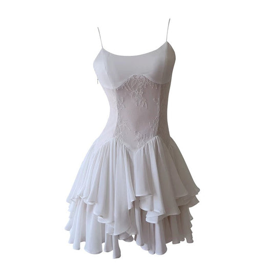 Vestido corto de encaje blanco con tirantes finos y corte en A para fiesta de 8.º grado, ideal para verano, para escuela secundaria, cóctel, cumpleaños, W965