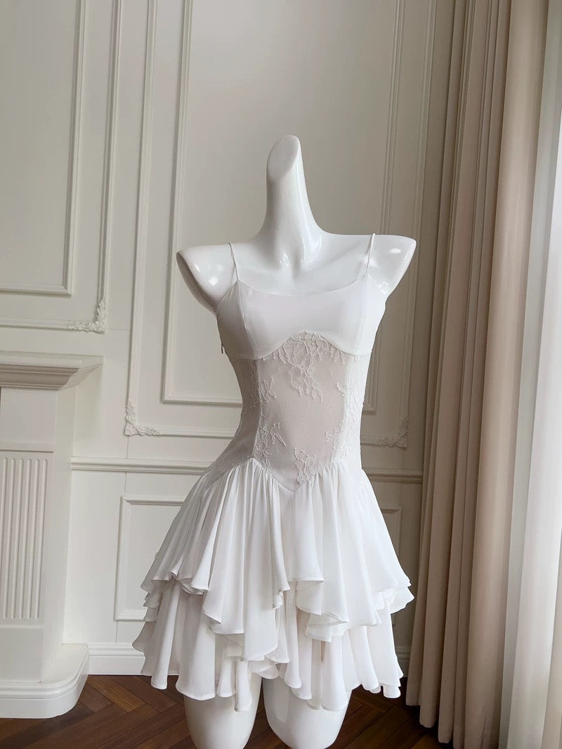 Vestido corto de encaje blanco con tirantes finos y corte en A para fiesta de 8.º grado, ideal para verano, para escuela secundaria, cóctel, cumpleaños, W965