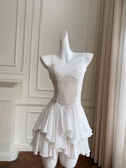 Vestido corto de encaje blanco con tirantes finos y corte en A para fiesta de 8.º grado, ideal para verano, para escuela secundaria, cóctel, cumpleaños, W965
