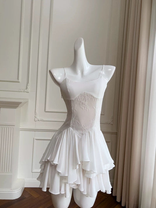 Vestido corto de encaje blanco con tirantes finos y corte en A para fiesta de 8.º grado, ideal para verano, para escuela secundaria, cóctel, cumpleaños, W965