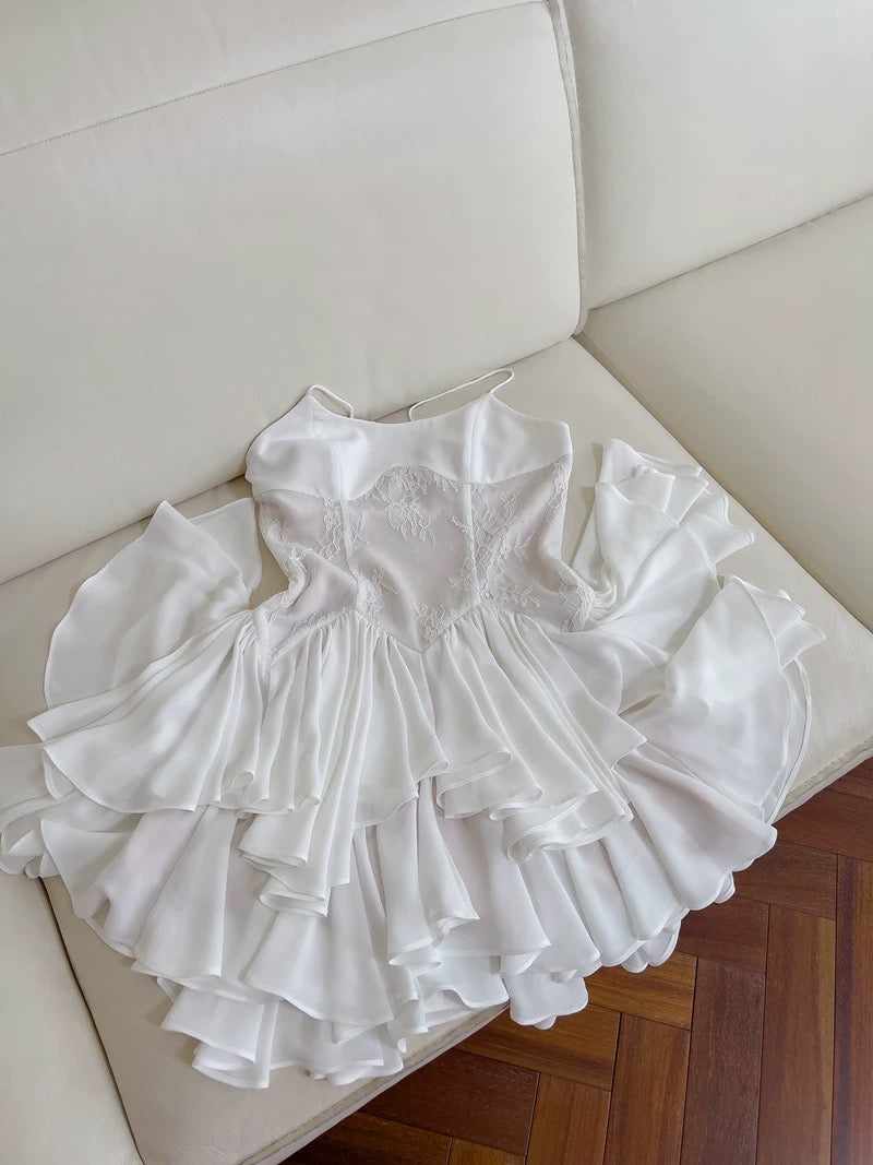 Vestido corto de encaje blanco con tirantes finos y corte en A para fiesta de 8.º grado, ideal para verano, para escuela secundaria, cóctel, cumpleaños, W965