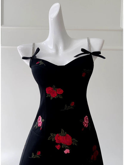 Vestido corto de fiesta de verano con tirantes finos, corte A, estampado floral negro, para octavo grado, para escuela secundaria, cóctel, cumpleaños, W966