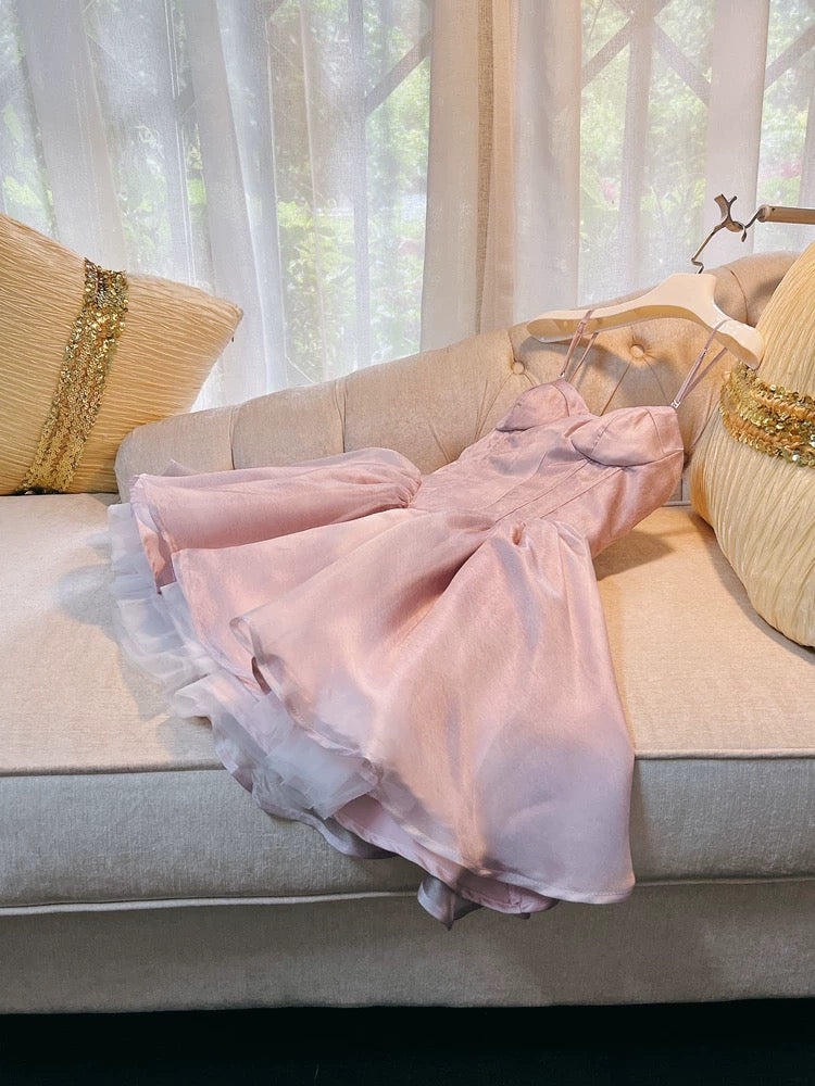Vestido de fiesta corto de tul rosa con tirantes finos para octavo grado, vestido de verano para escuela secundaria, vestido de cóctel, atuendos de cumpleaños W967