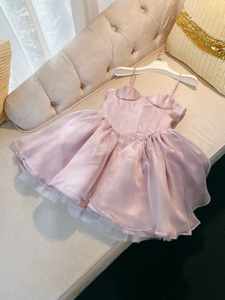 Vestido de fiesta corto de tul rosa con tirantes finos para octavo grado, vestido de verano para escuela secundaria, vestido de cóctel, atuendos de cumpleaños W967