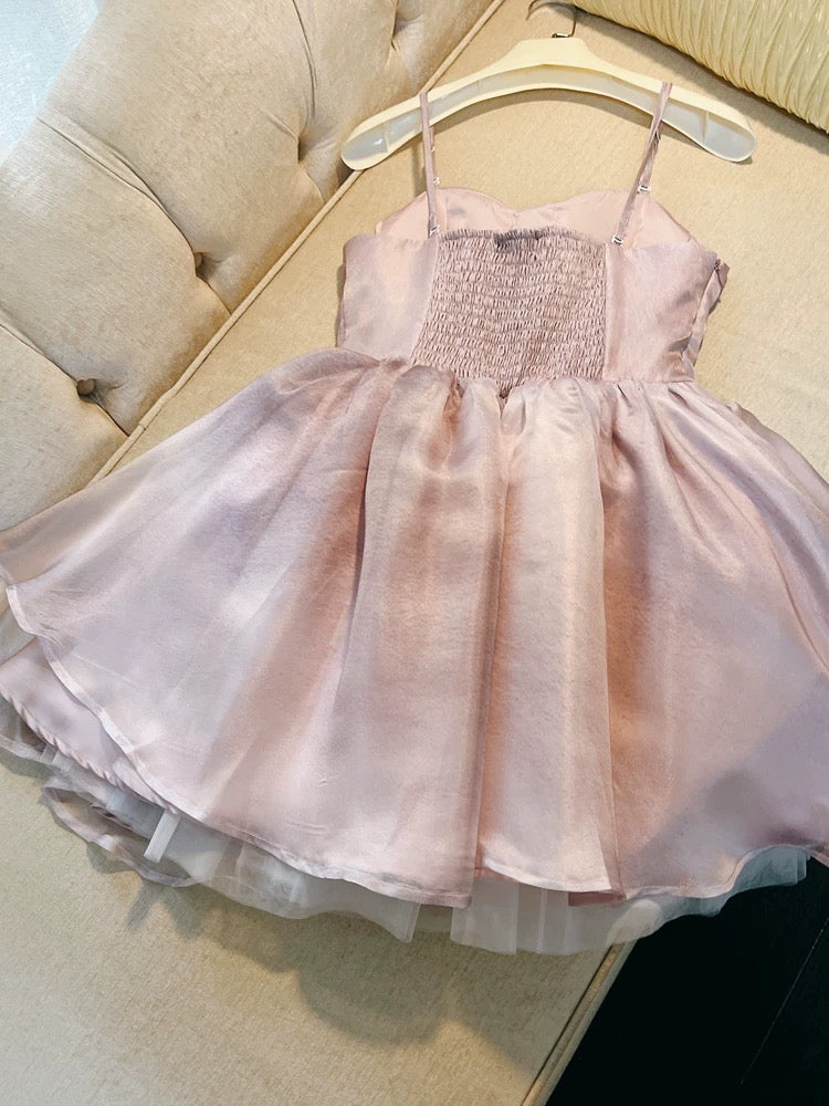 Vestido de fiesta corto de tul rosa con tirantes finos para octavo grado, vestido de verano para escuela secundaria, vestido de cóctel, atuendos de cumpleaños W967