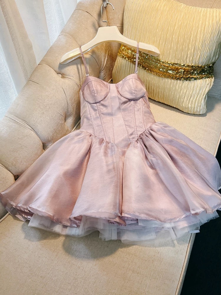 Vestido de fiesta corto de tul rosa con tirantes finos para octavo grado, vestido de verano para escuela secundaria, vestido de cóctel, atuendos de cumpleaños W967