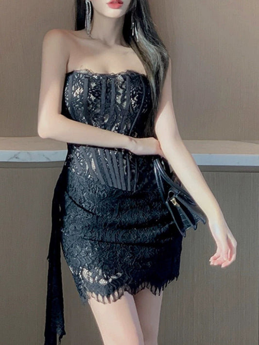 Vestido corto de fiesta de verano para octavo grado, sexy, sin tirantes, de encaje, sin mangas, formal, para cóctel, cumpleaños, W969