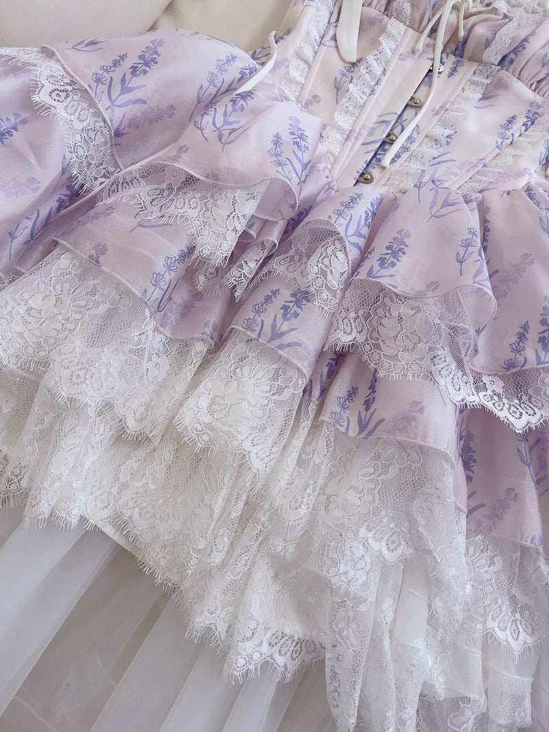 Vestido corto de gasa con estampado floral lila y tirantes finos para fiesta de 8.º grado, de verano, para escuela secundaria, cóctel, cumpleaños, W972