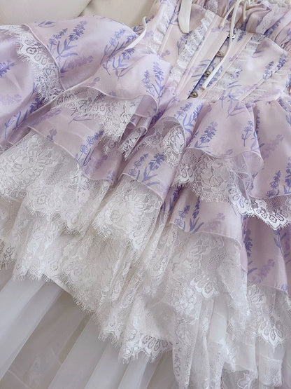 Vestido corto de gasa con estampado floral lila y tirantes finos para fiesta de 8.º grado, de verano, para escuela secundaria, cóctel, cumpleaños, W972
