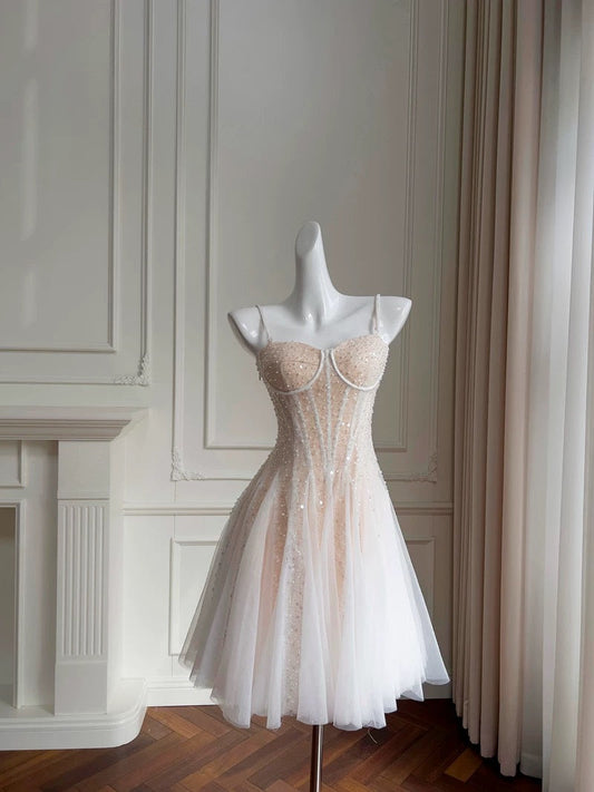 Vestido corto de fiesta de verano para octavo grado, corte A, tirantes finos, color champán, formal, para escuela secundaria, atuendos de cumpleaños, W973