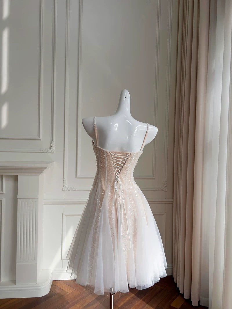 Vestido corto de fiesta de verano para octavo grado, corte A, tirantes finos, color champán, formal, para escuela secundaria, atuendos de cumpleaños, W973