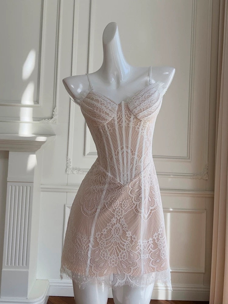 Vestido corto de fiesta de verano para octavo grado, corte A, tirantes finos, encaje champán, estilo formal, para escuela secundaria, W975