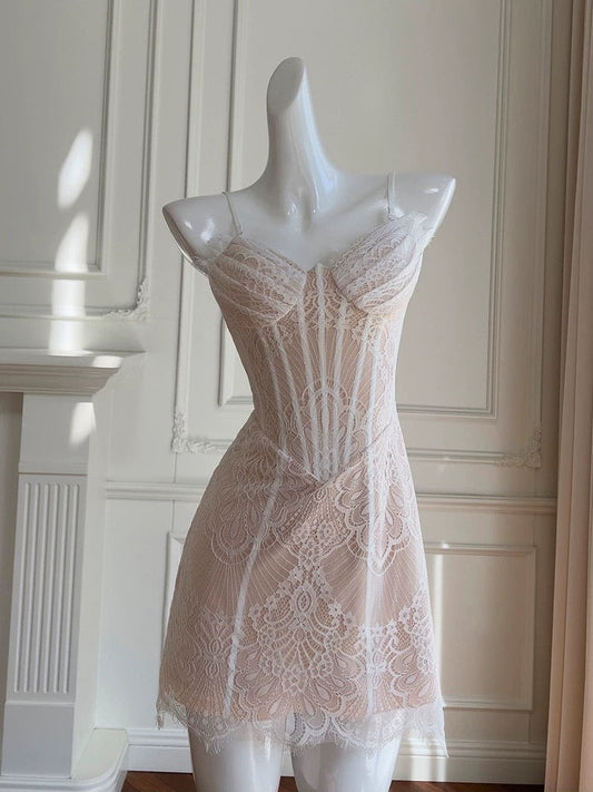 Vestido corto de fiesta de verano para octavo grado, corte A, tirantes finos, encaje champán, estilo formal, para escuela secundaria, W975