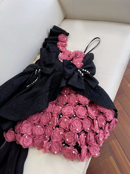 Vestido corto de verano con encaje negro y flores para 18 cumpleaños, minivestido de cóctel para 21 cumpleaños, W979