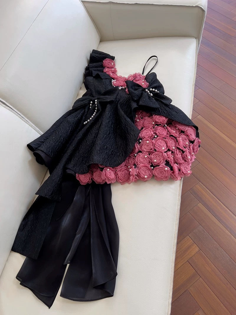 Vestido corto de verano con encaje negro y flores para 18 cumpleaños, minivestido de cóctel para 21 cumpleaños, W979
