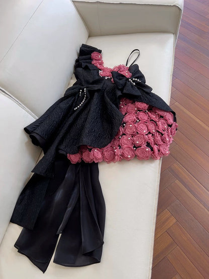 Vestido corto de verano con encaje negro y flores para 18 cumpleaños, minivestido de cóctel para 21 cumpleaños, W979