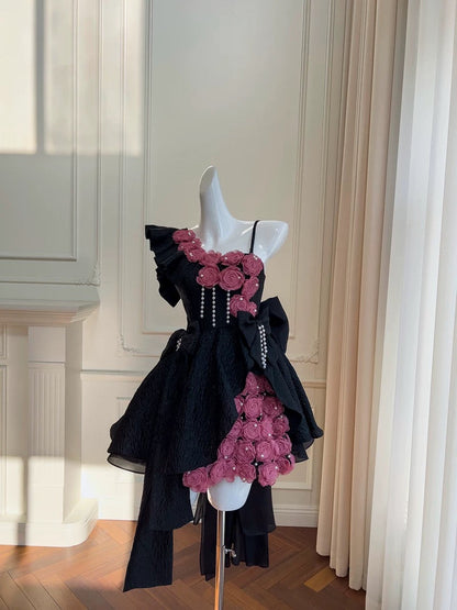 Vestido corto de verano con encaje negro y flores para 18 cumpleaños, minivestido de cóctel para 21 cumpleaños, W979