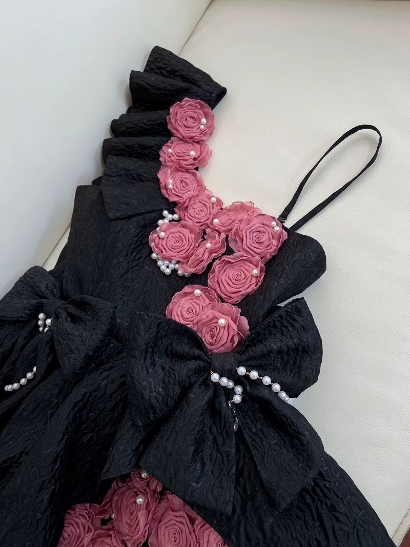 Vestido corto de verano con encaje negro y flores para 18 cumpleaños, minivestido de cóctel para 21 cumpleaños, W979