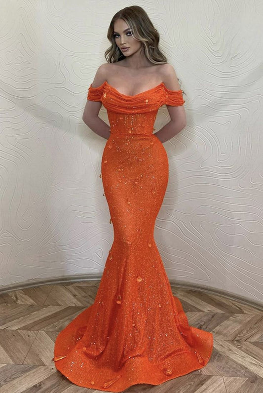 Vestido de fiesta largo con lentejuelas naranjas y hombros descubiertos, estilo sirena, sexy, para verano, para celebrar 20 cumpleaños, W981