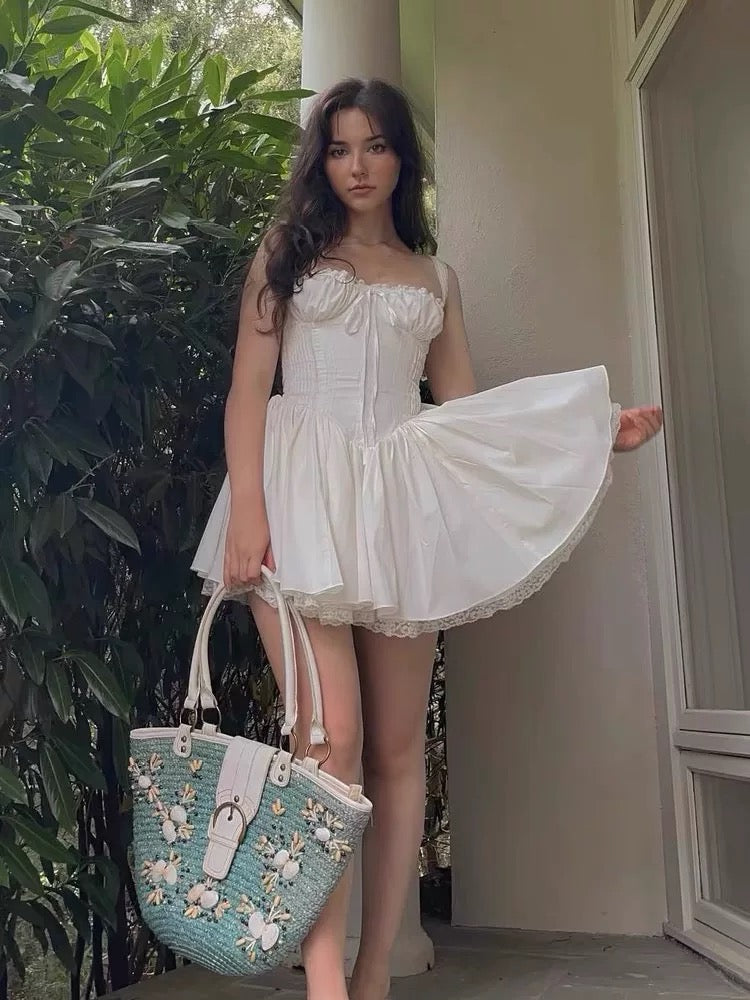 Vestido corto de encaje blanco con corte en A para fiesta de verano, formal, de escuela secundaria, cóctel, cumpleaños, W1002