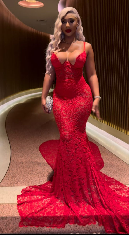 Vestidos de fiesta largos de encaje rojo con tirantes de sirena sexys, vestidos de fiesta de verano para 20 cumpleaños, vestidos de cumpleaños W983