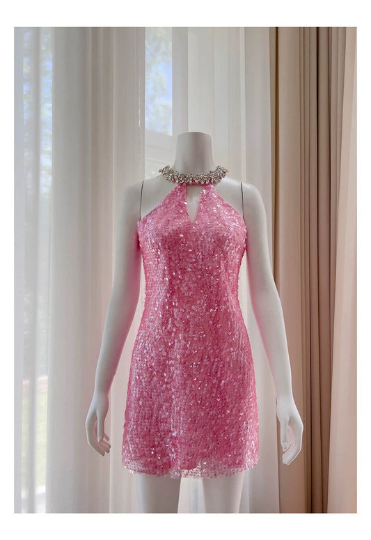 Vestido corto de fiesta de verano con lentejuelas rosas, cuello alto y tirantes finos, para octavo grado, W985