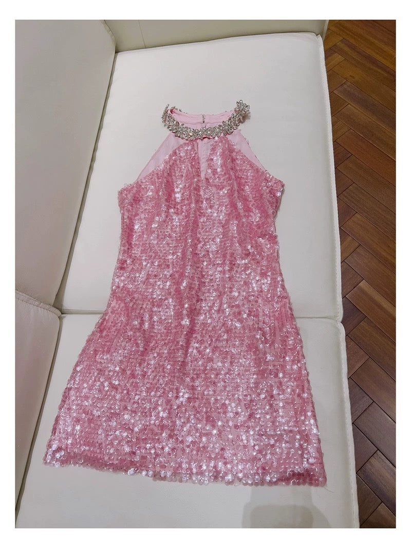 Vestido corto de fiesta de verano con lentejuelas rosas, cuello alto y tirantes finos, para octavo grado, W985