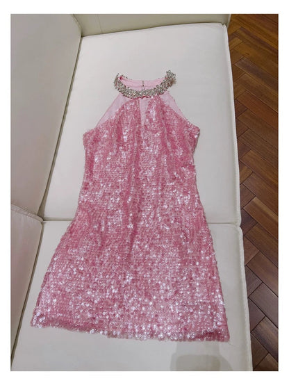 Vestido corto de fiesta de verano con lentejuelas rosas, cuello alto y tirantes finos, para octavo grado, W985