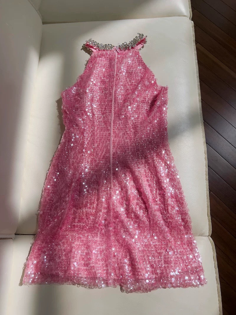 Vestido corto de fiesta de verano con lentejuelas rosas, cuello alto y tirantes finos, para octavo grado, W985