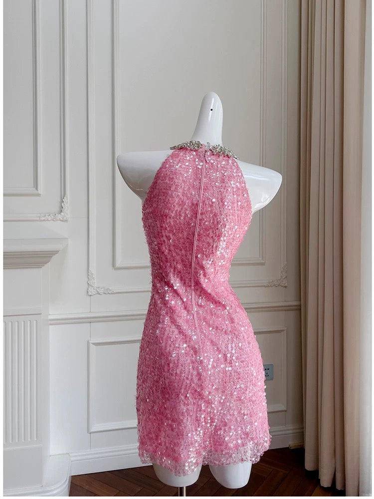 Vestido corto de fiesta de verano con lentejuelas rosas, cuello alto y tirantes finos, para octavo grado, W985