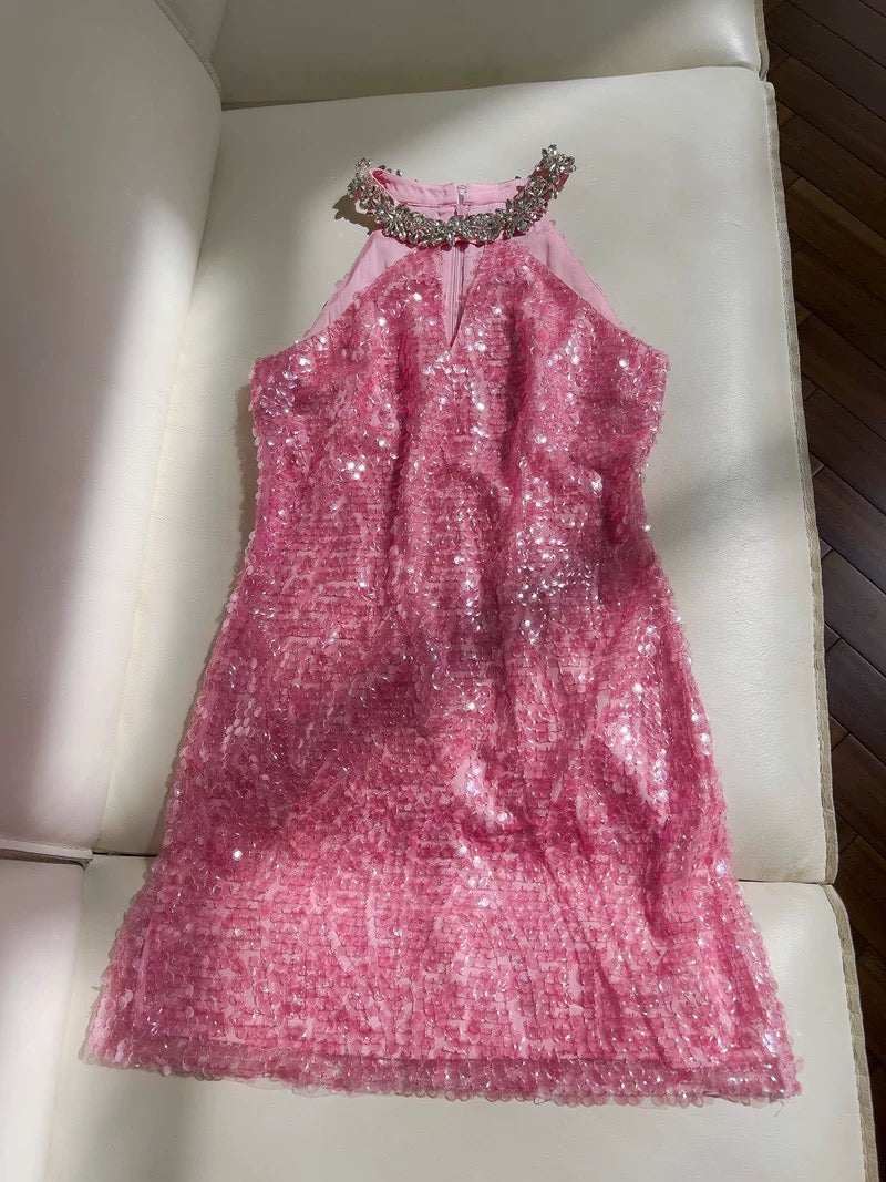 Vestido corto de fiesta de verano con lentejuelas rosas, cuello alto y tirantes finos, para octavo grado, W985